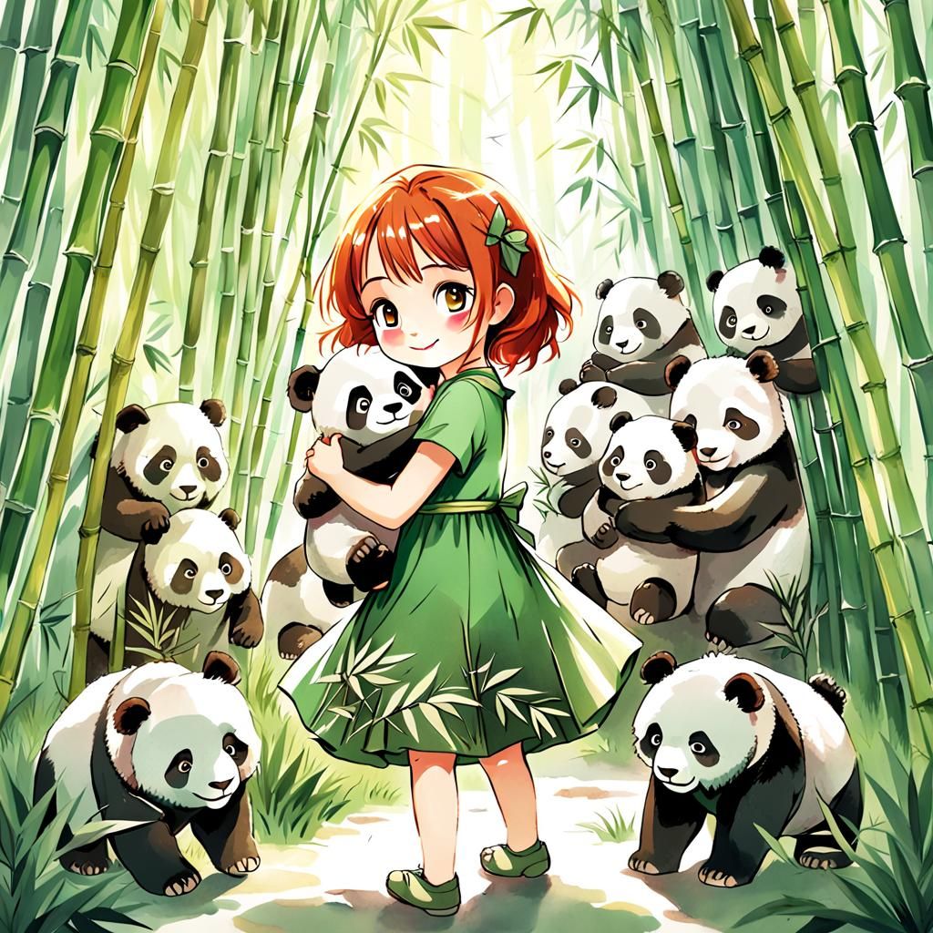 Girl Hugging Pandas in China: Anime Watercolor Art