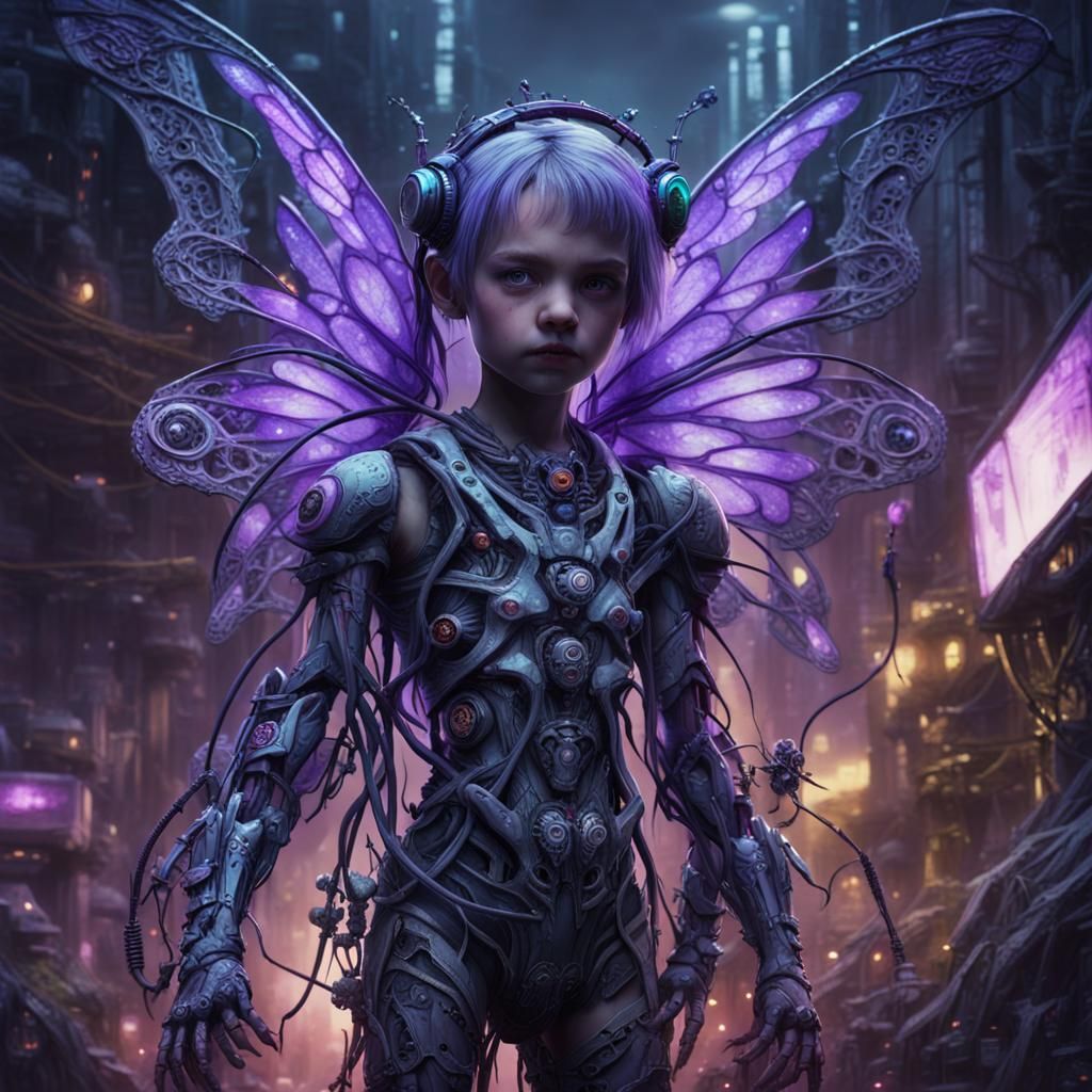 Cyborg Fairy in Biomechanical Cyberpunk Cityscape
