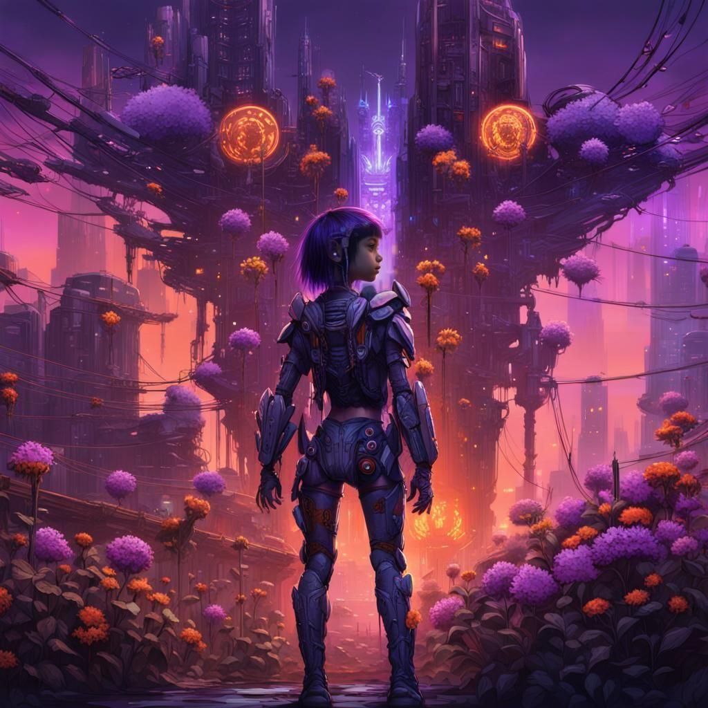 Cyborg Fairy in Biomechanical Cyberpunk City