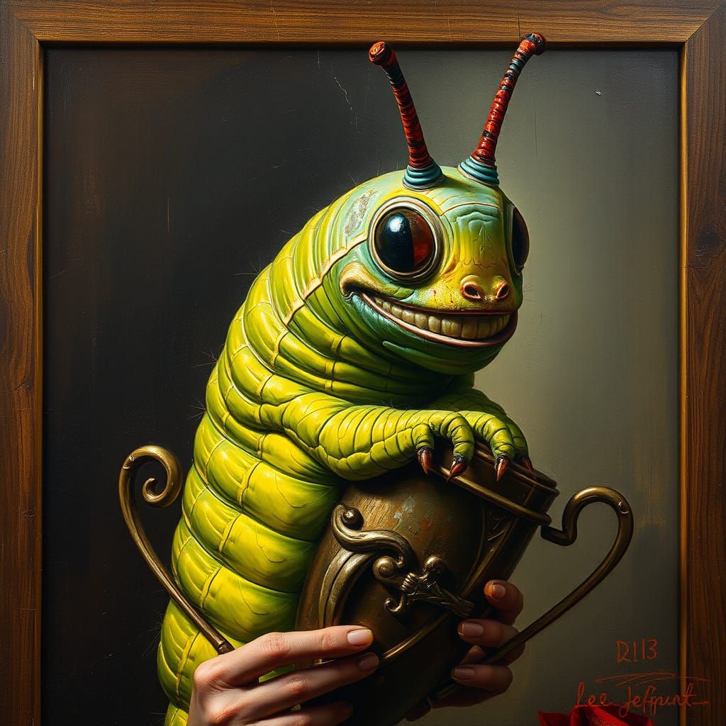 Anthropomorphic Caterpillar with Trophy as Impasto Painting