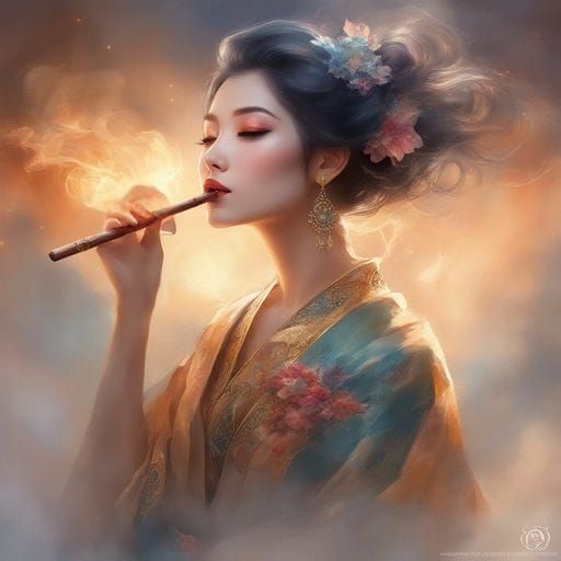 Alluring Japanese Woman Portrait with Smoke Effects