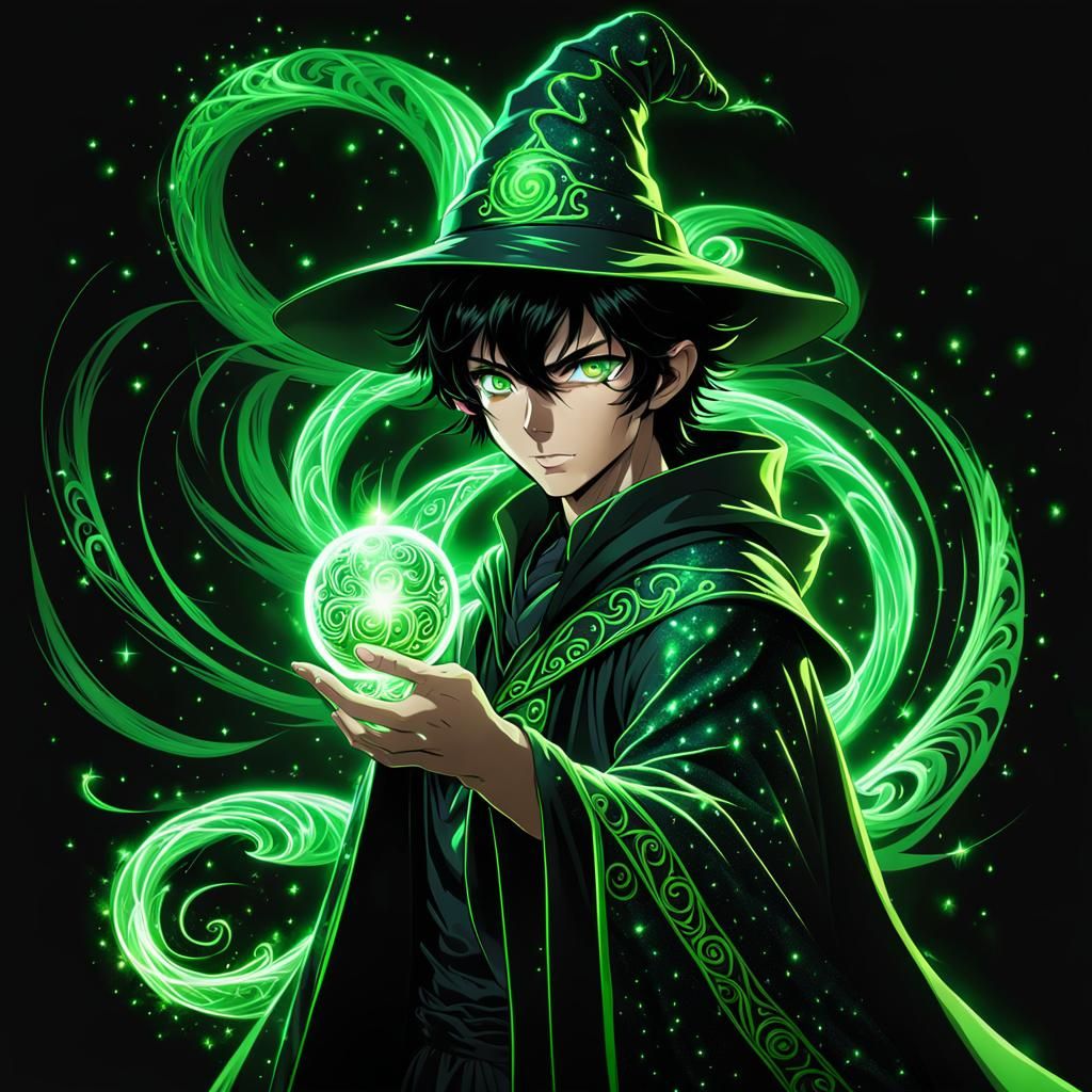 Anime Wizard Conjuring Neon Sparkles in Chiaroscuro
