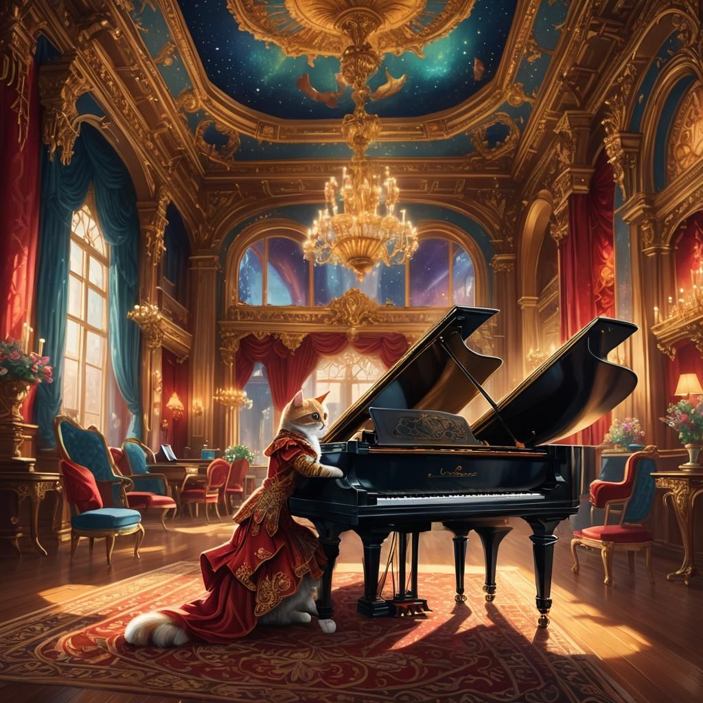Finely Dressed Cat Plays Piano in Ornate Hall