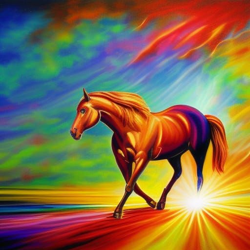 Fiery Horse in Sunlight: Detailed Colorful Painting
