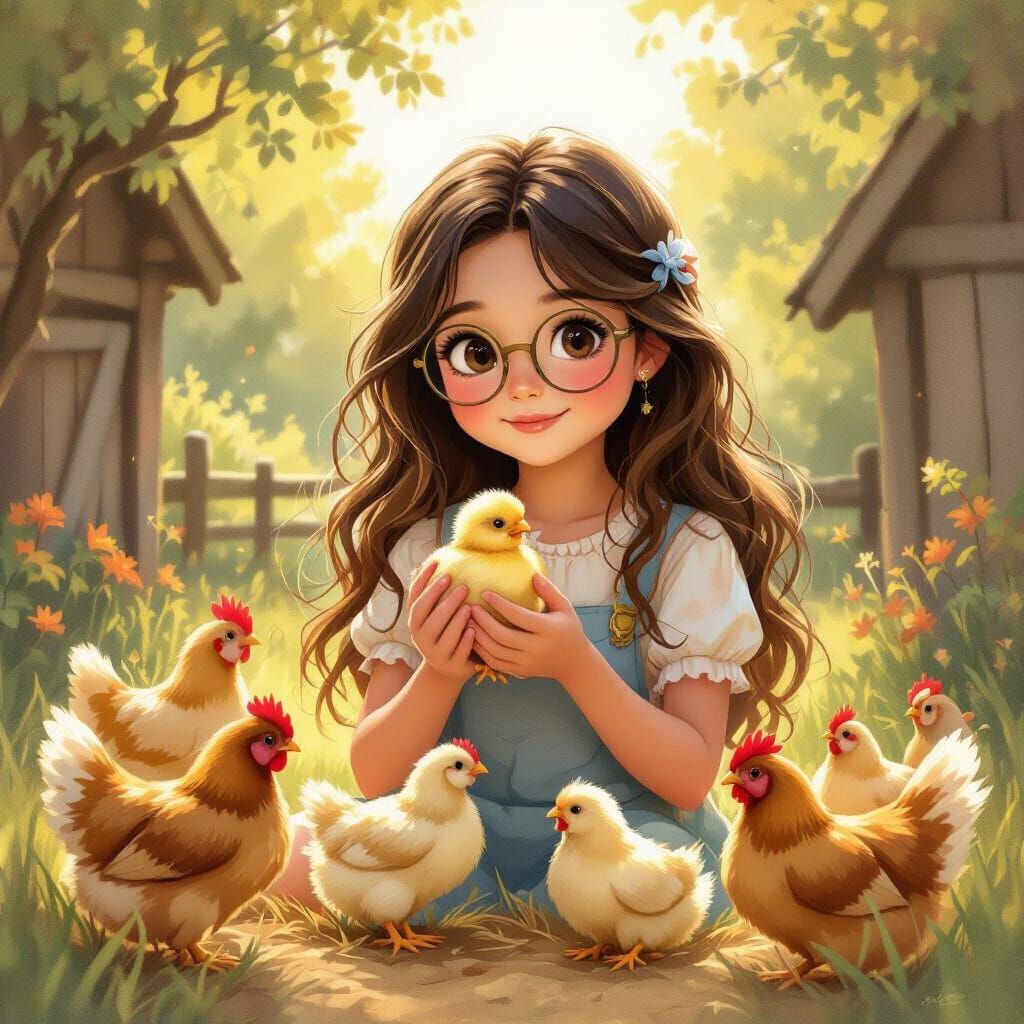 Girl Holding Chick in Sun-Dappled Farmyard Storybook Style