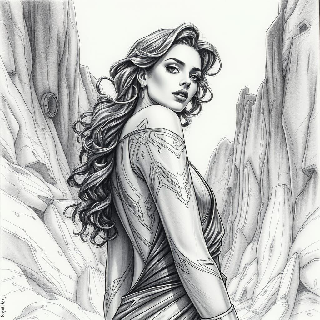 Elegant Woman in Serene Setting: Charcoal Drawing Style