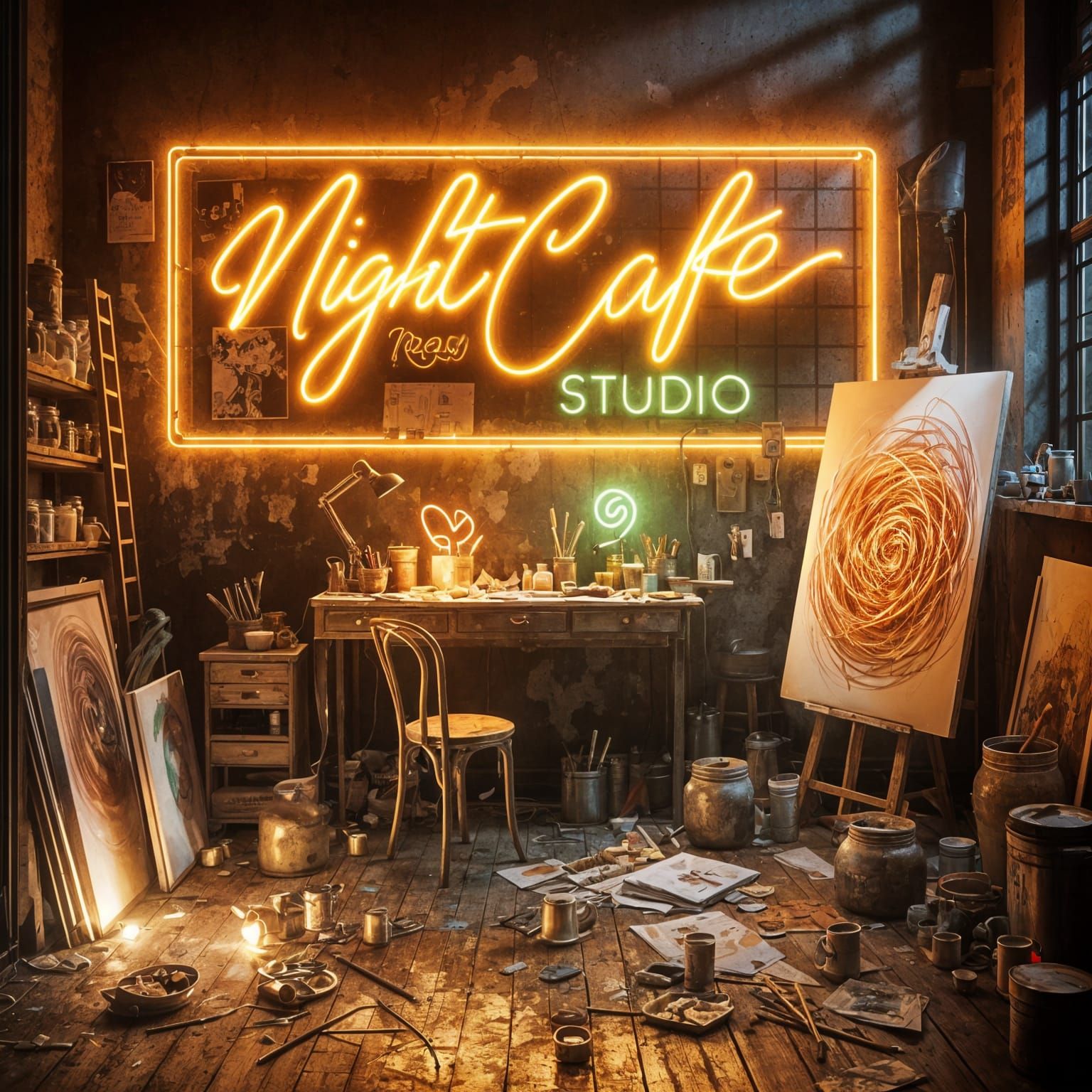 Glowing Neon Sign Illuminates Artist's Studio