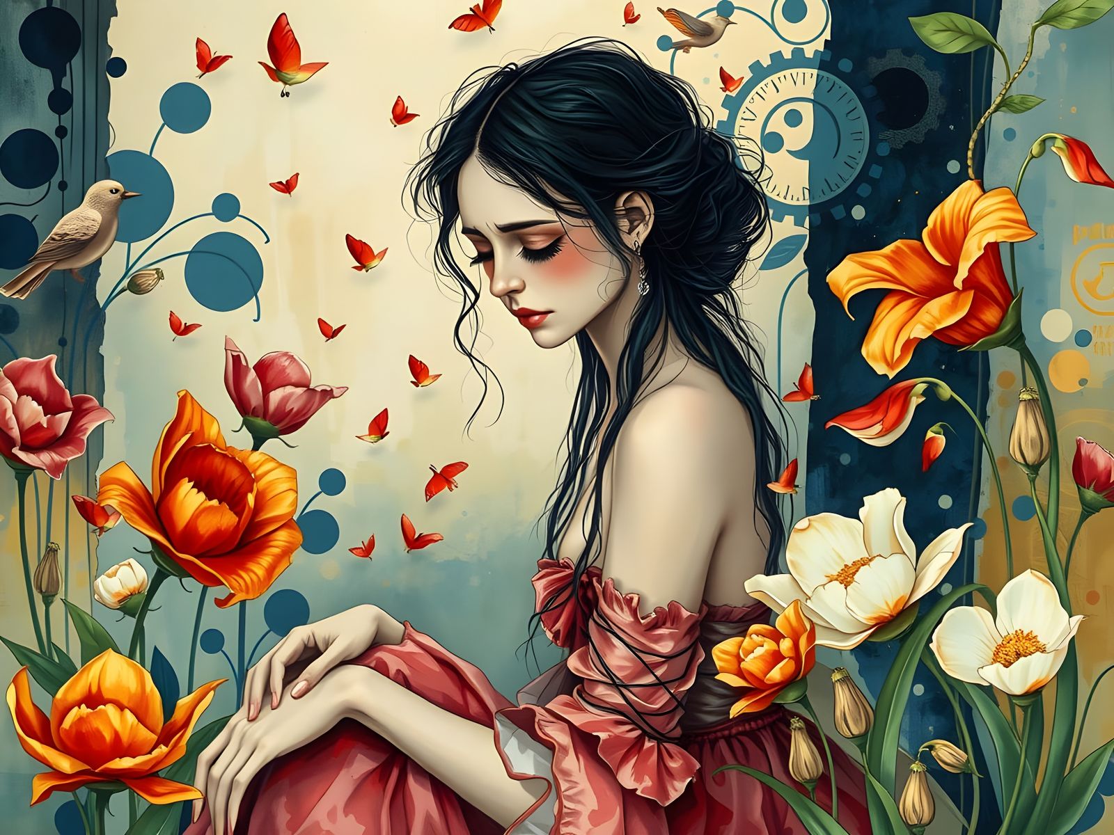 Woman Shattered by Love in Elegant Art Nouveau Style