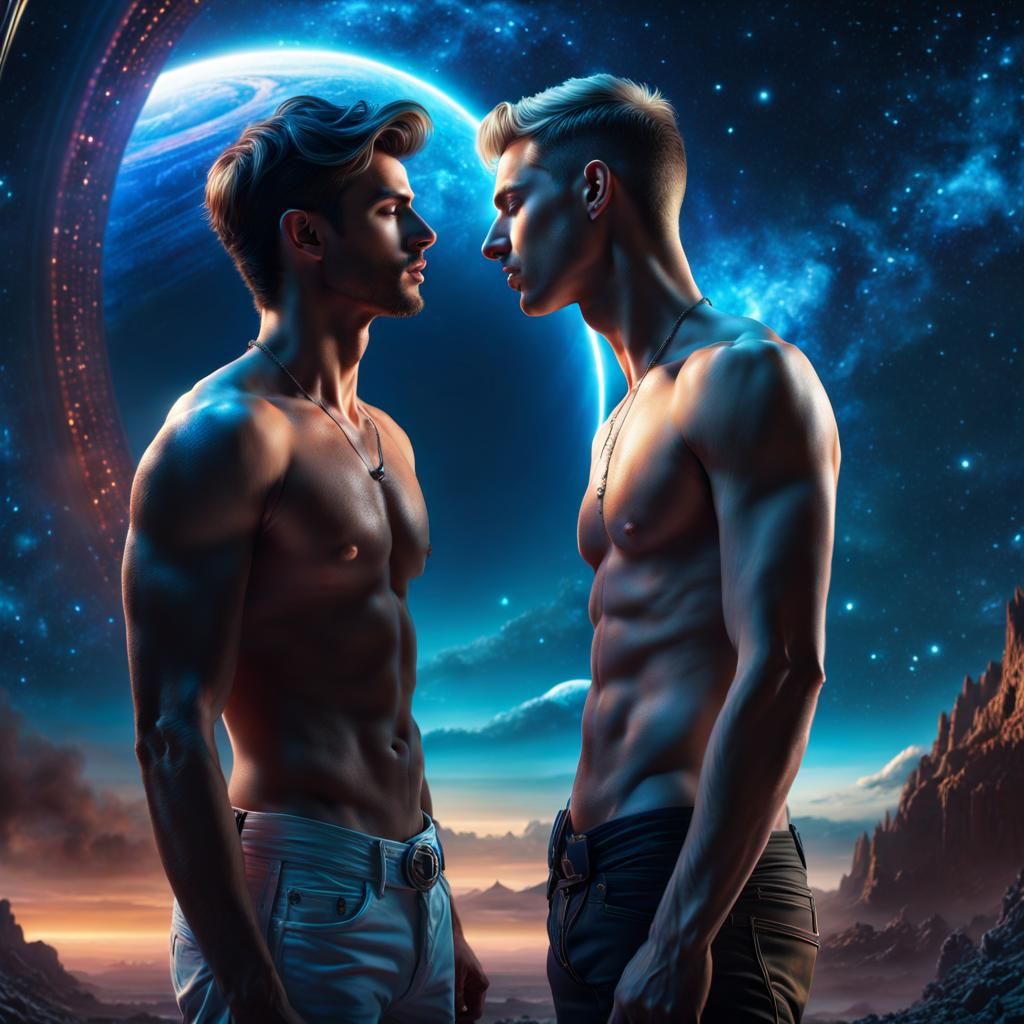 Gay Couple Gazing at Each Other in Space