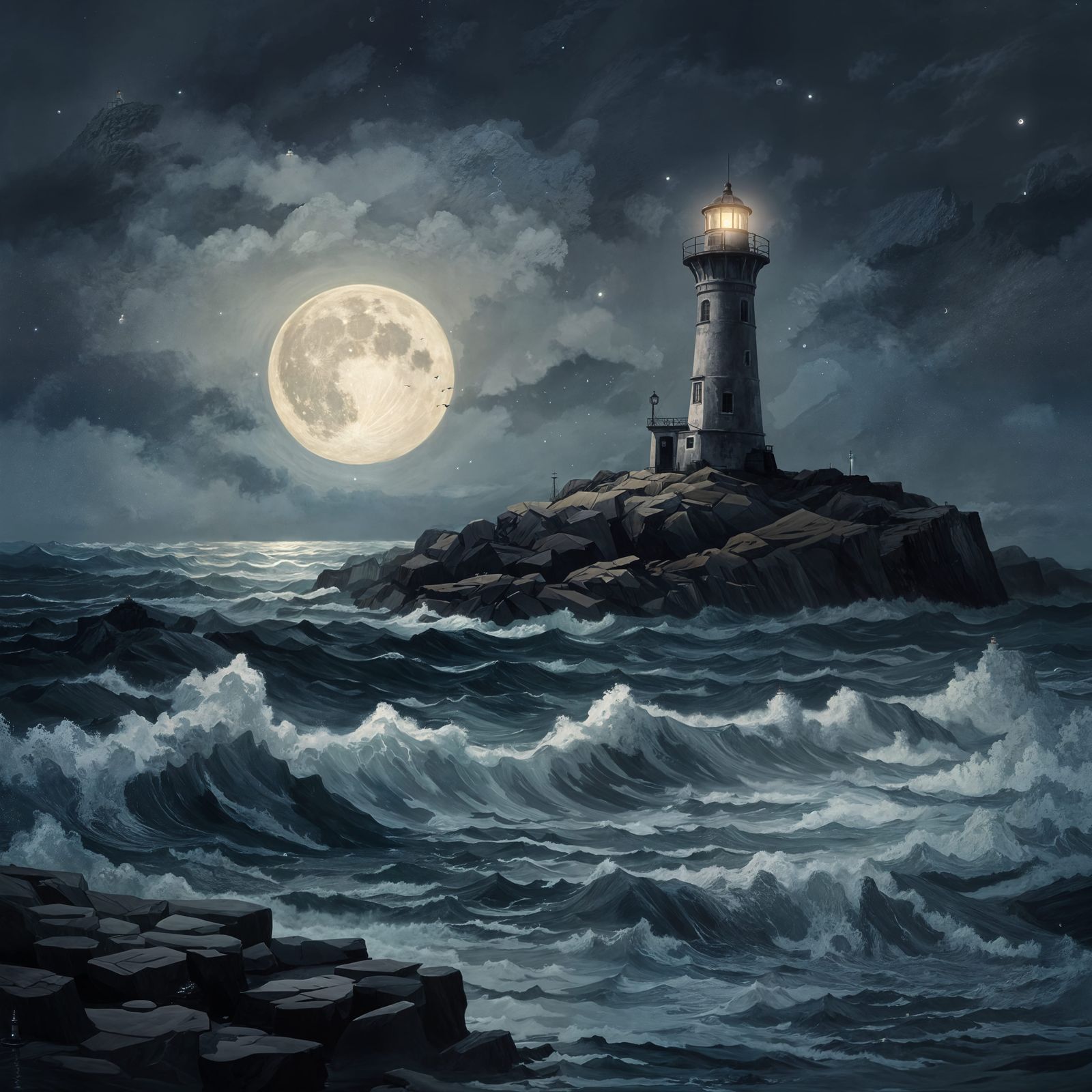 Lighthouse on Rocky Island at Night: Oil Painting