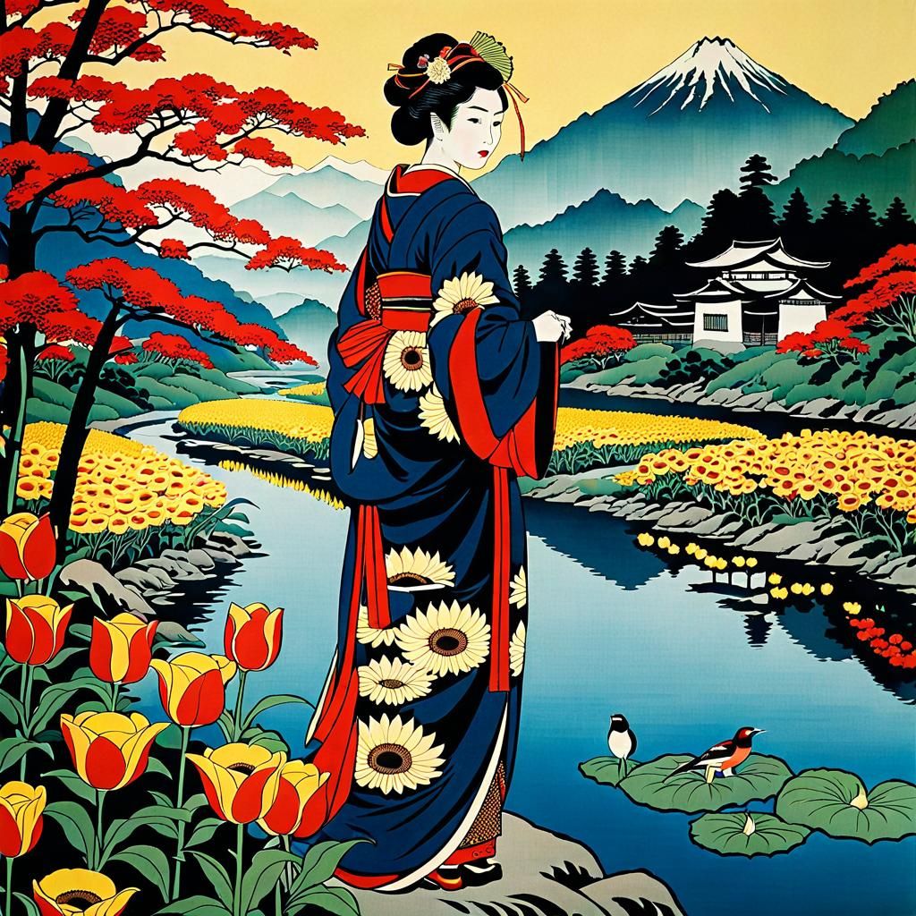 Geisha in Ukiyo-e Garden by Mountain River
