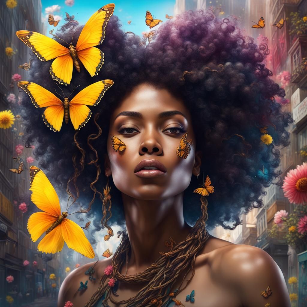 Graffiti Portrait: Afro Woman with Flowers and Butterflies