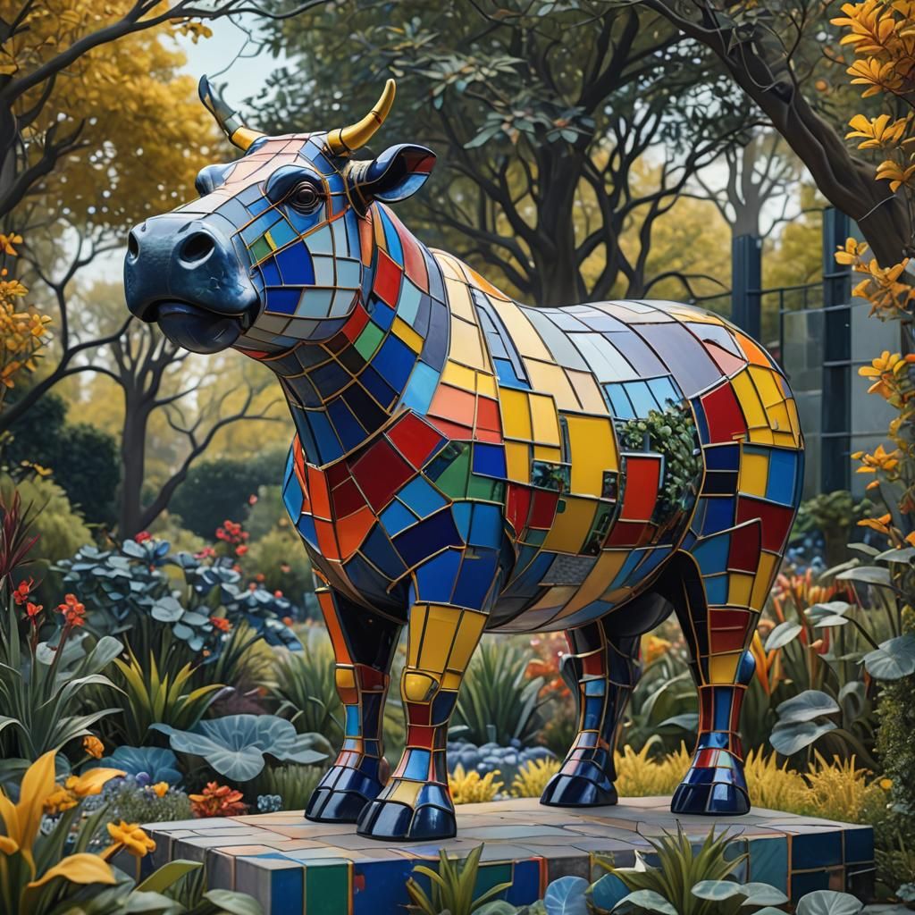Geometric Hippo Cow Sculpture in Art Deco Style