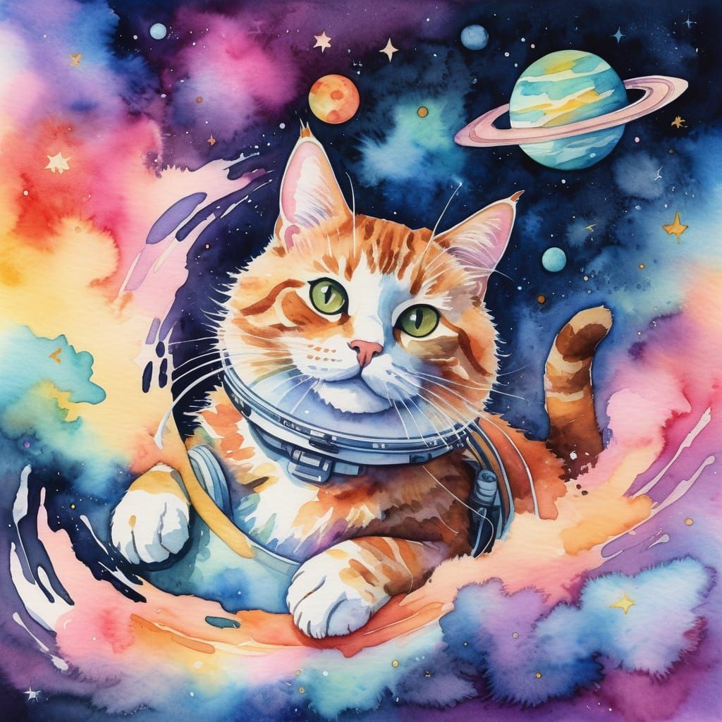 Cosmic Cat Watercolor Painting With Swirling Galaxies