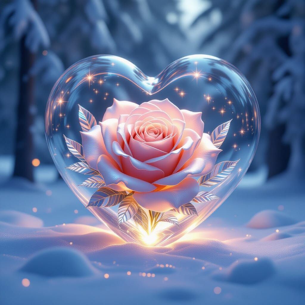Transparent Heart With Glowing Rose in Snowy Forest