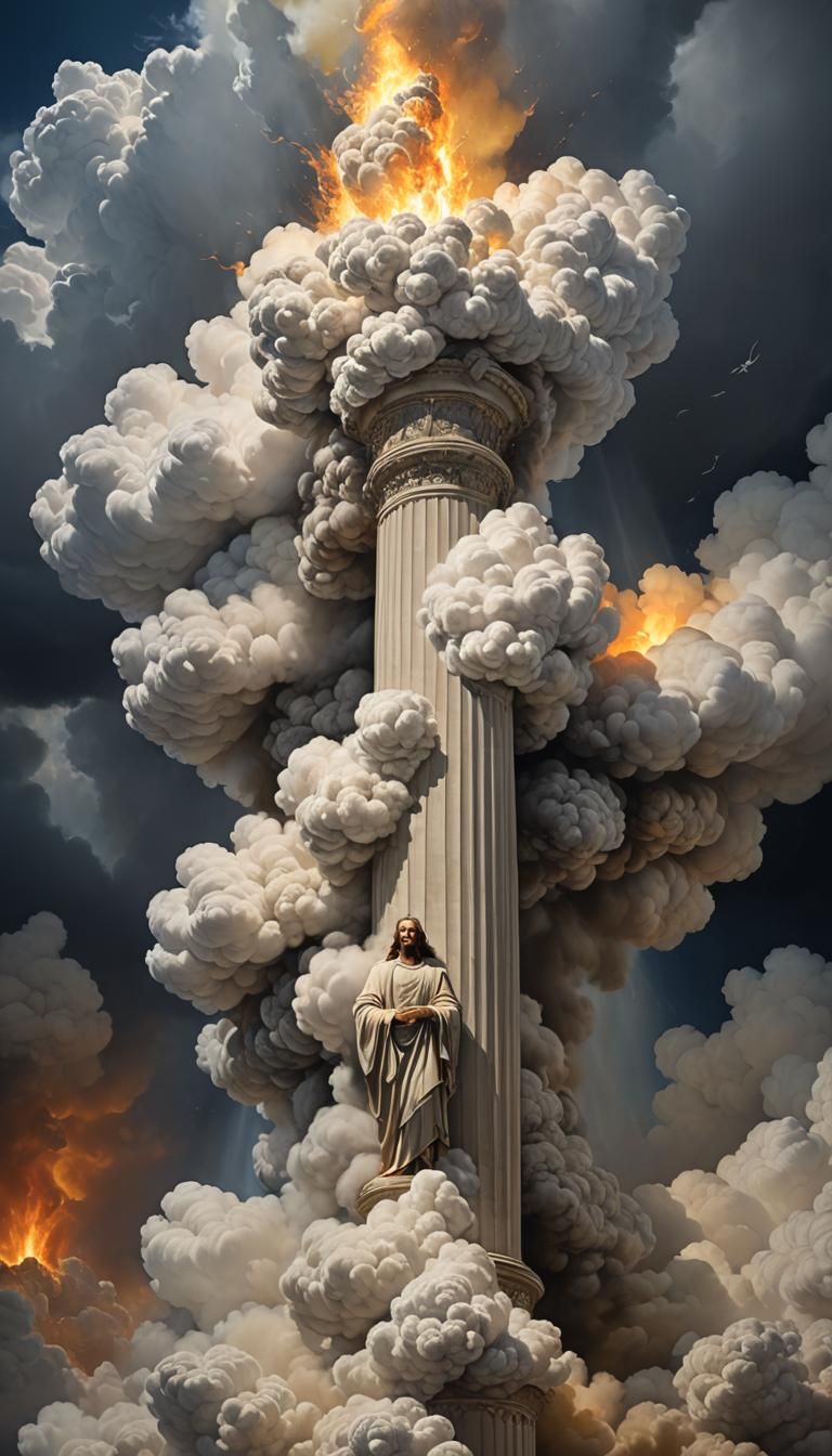 Hyperrealistic Pillar of Cloud and Fire Guiding People