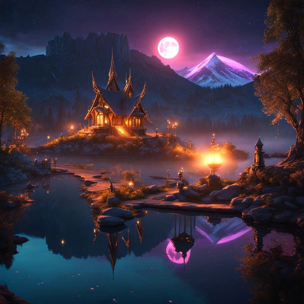Enchanted Witches Crossing Lake at Night in Fantasy Art
