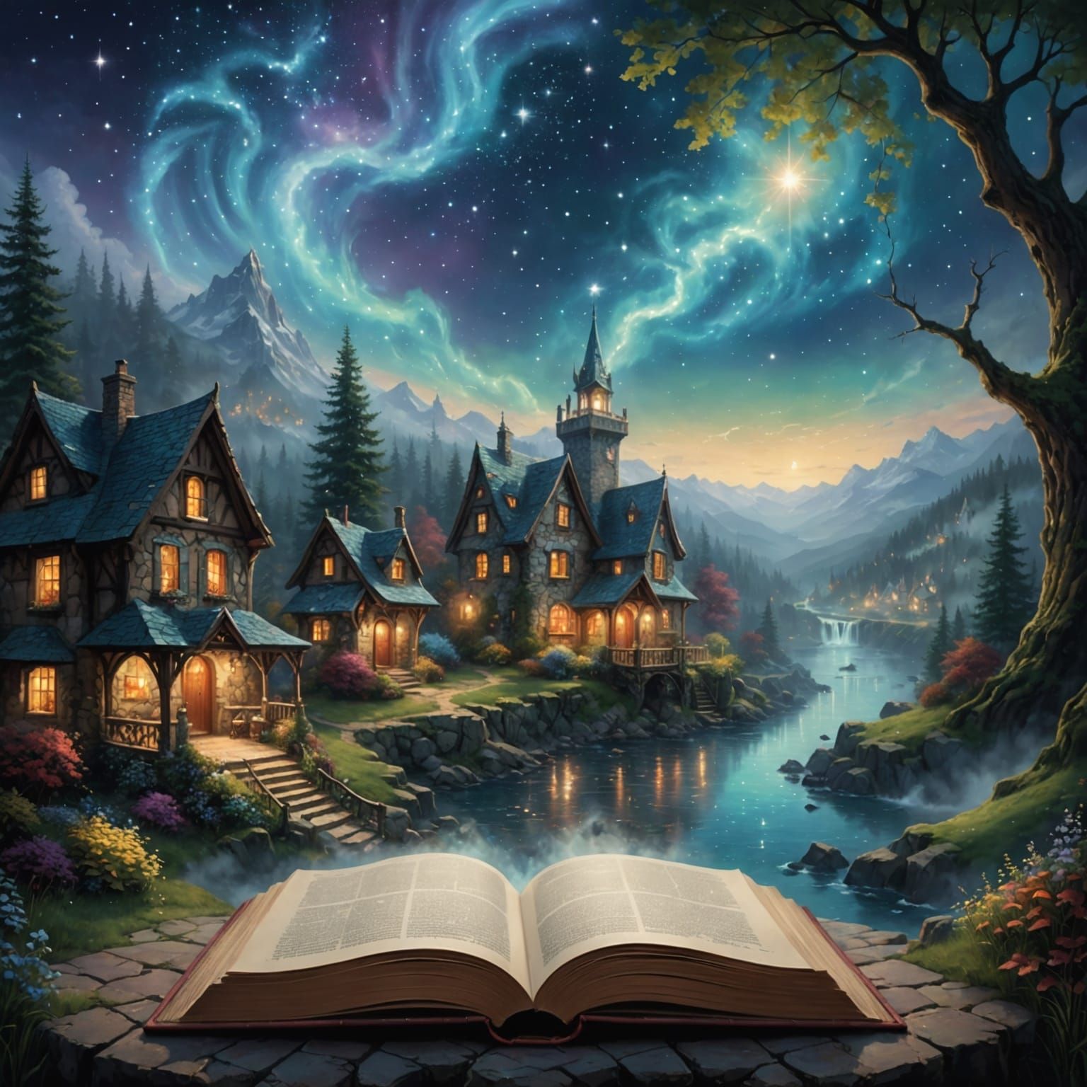 Ethereal Book with Starlight Fantasy Landscape