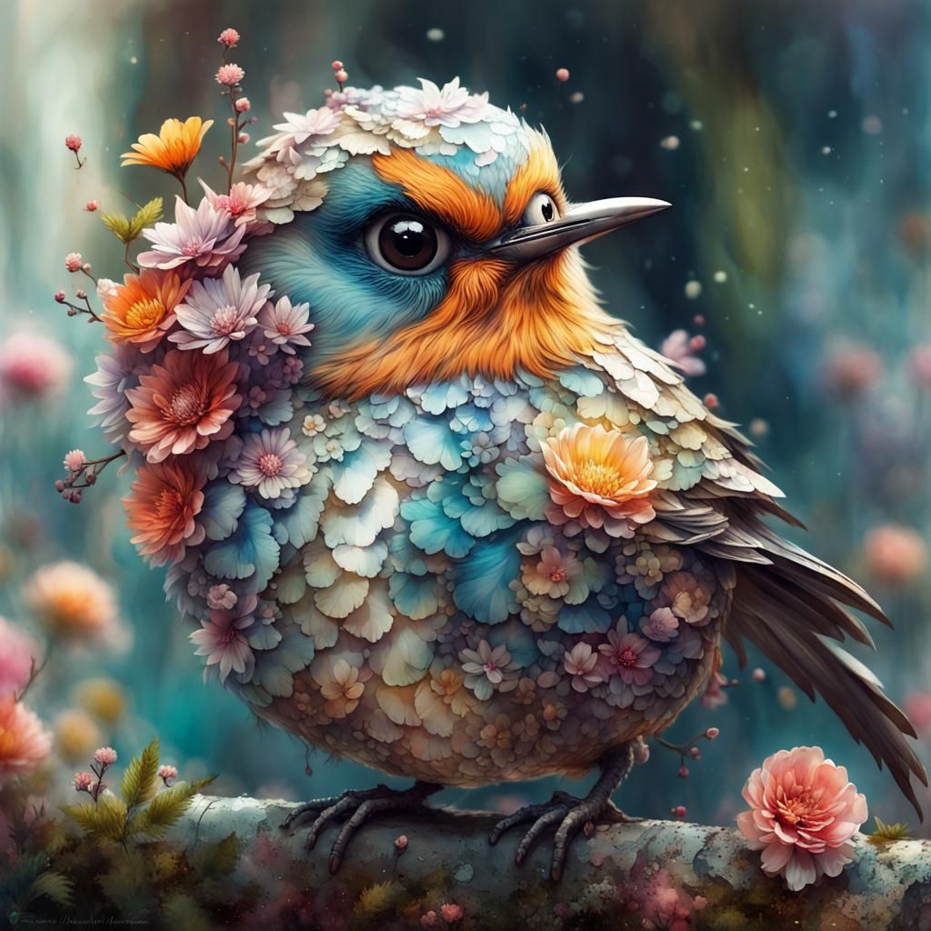 Floral Bird with Expressive Eyes in Watercolor Style
