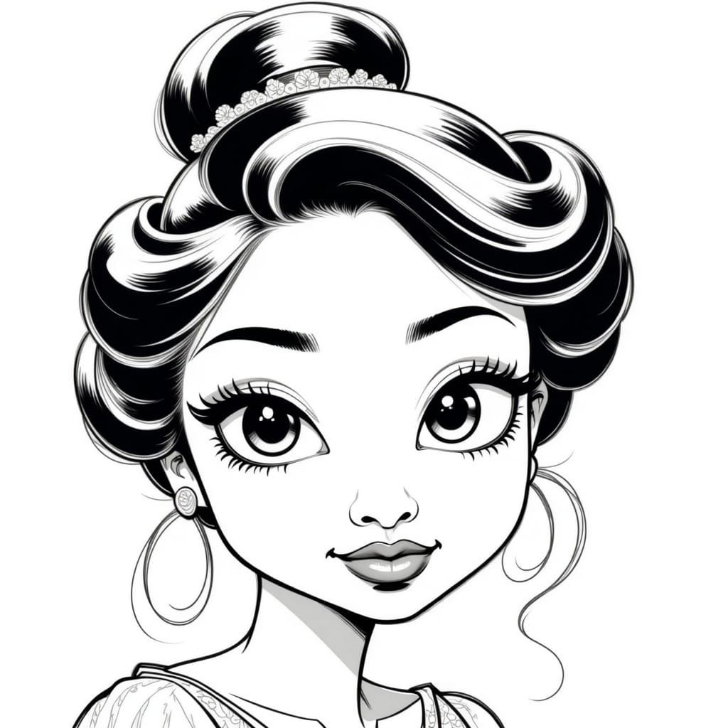 Cute Princess Face in Simple Black and White Comic Style
