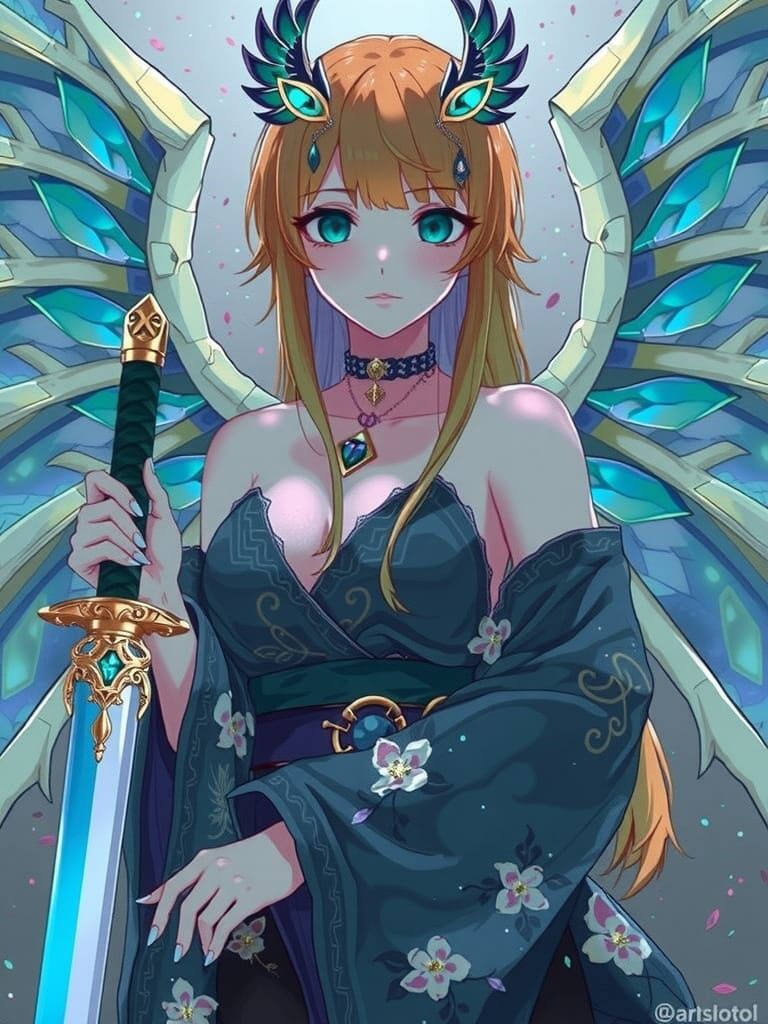 Anime Goddess Dragon Maiden in Vibrant Green Kimono