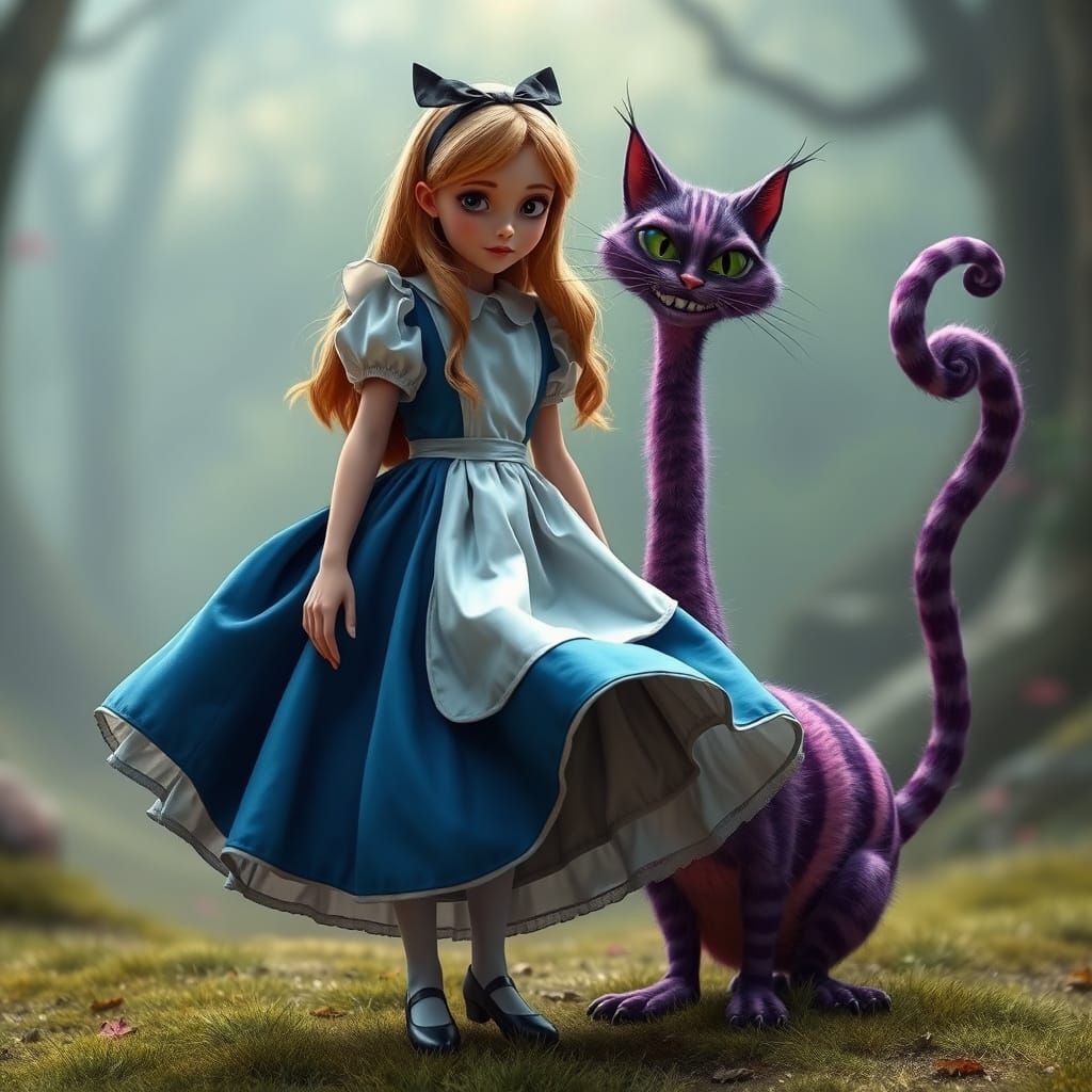 Alice and Cheshire Cat in Whimsical Realistic Style