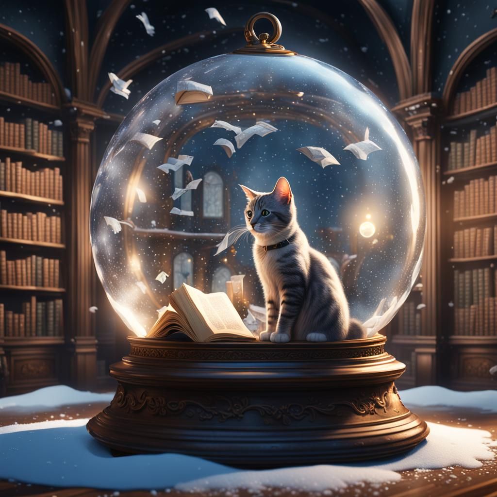 Snow Globe Library with Cats: Detailed Matte Painting