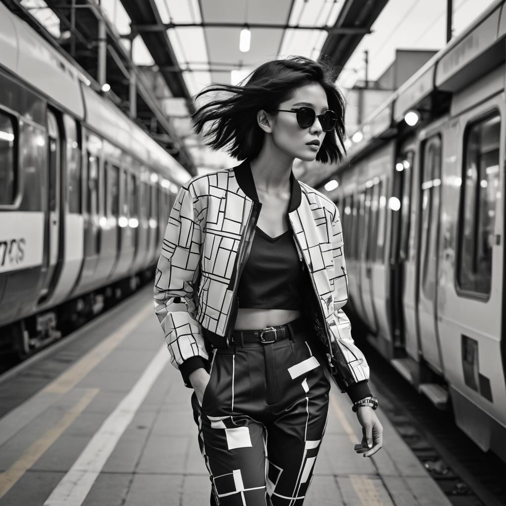 High Fashion Asian Model in Monochrome Photo