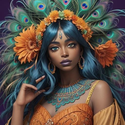 Colorful Peacock Woman Portrait in Surreal Style