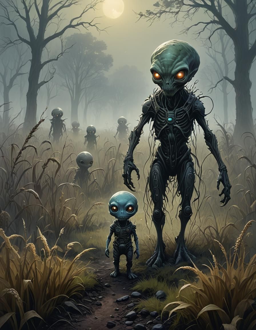 Cute Alien Cryptid in Spooky Foggy Field
