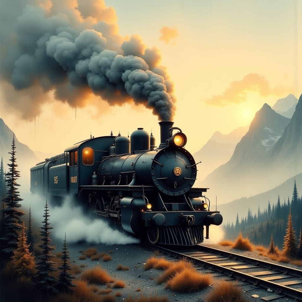Vintage Steam Locomotive in Misty Mountains at Dawn