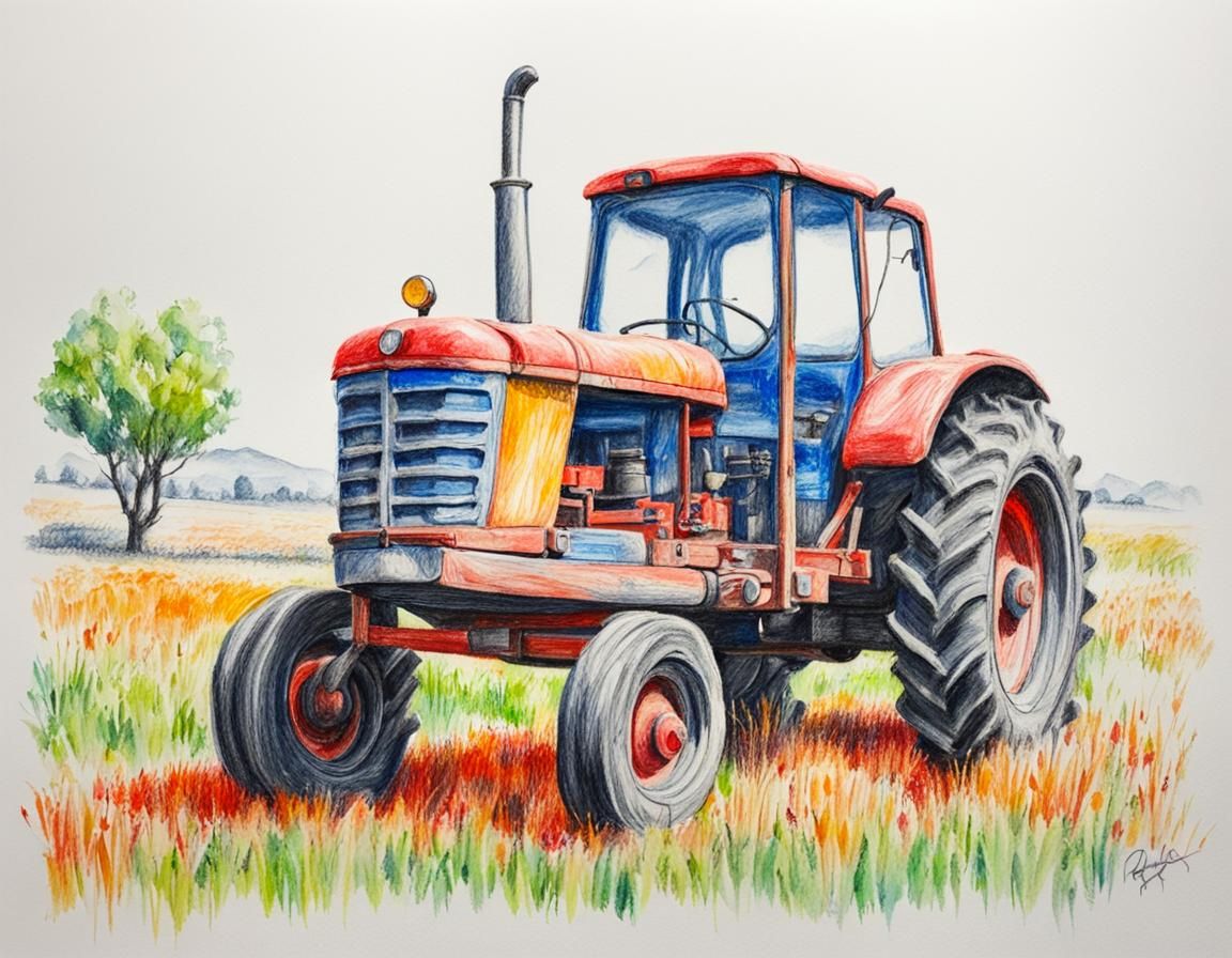 Multicolor Tractor in Wax Pencil Style