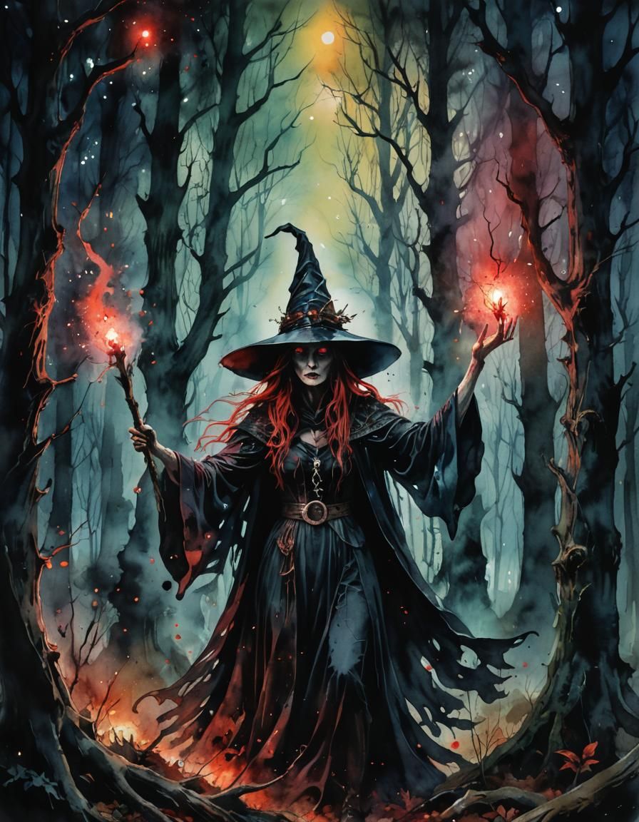 Mystical Witchcraft in Watercolor Forest at Night