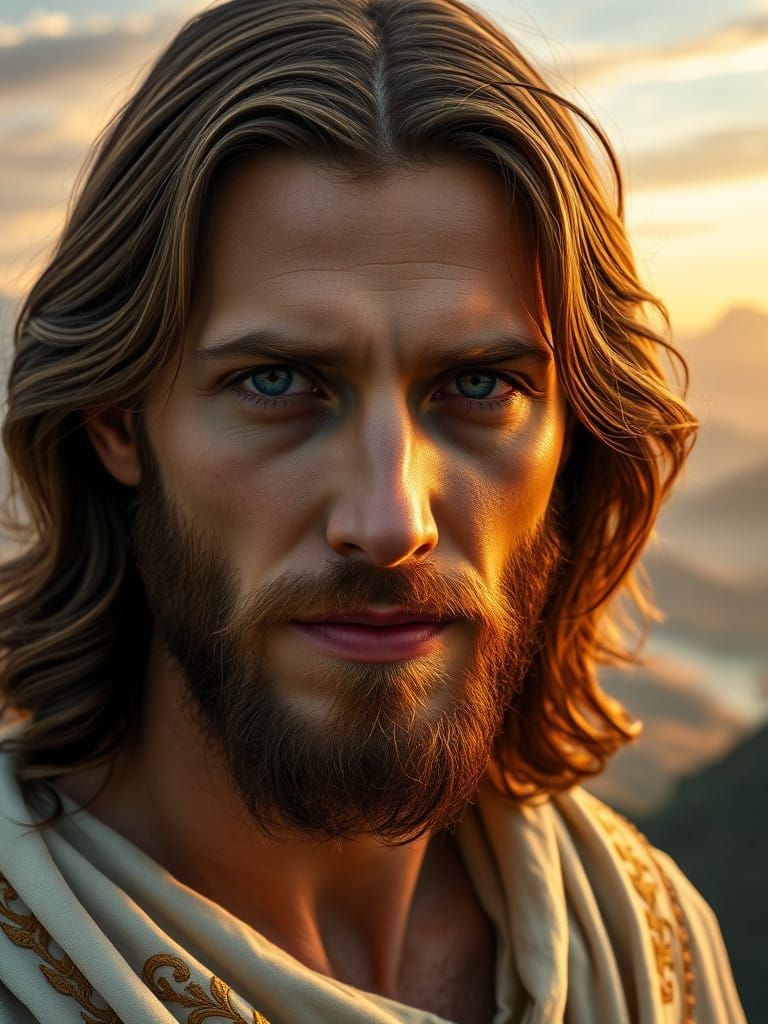 Serene Jesus Figure in Golden Light with Majestic Mountain L...