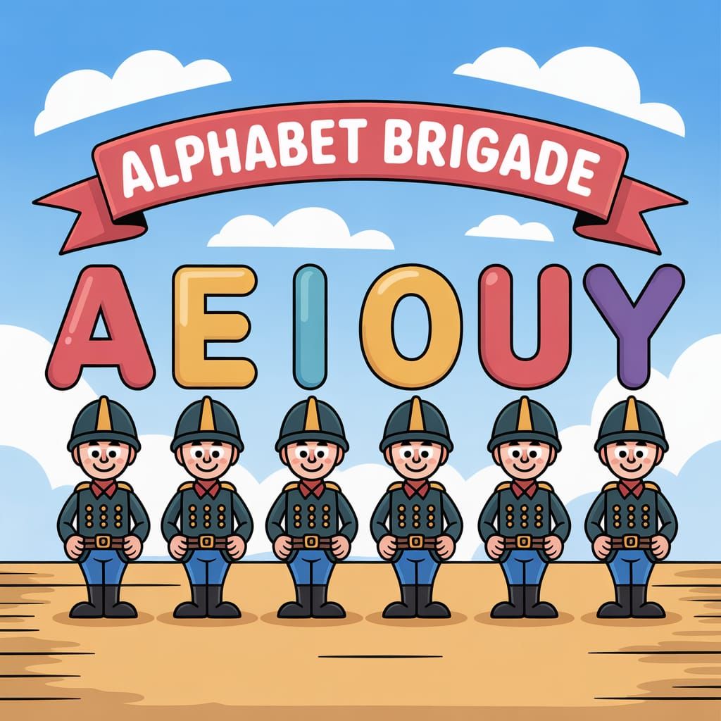 The vowels "A, E, I, O, U, and Y" as anthropomorphized carto...
