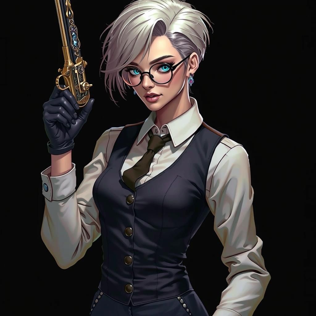 Steampunk Woman in Workshop Holding Flintlock Pistol
