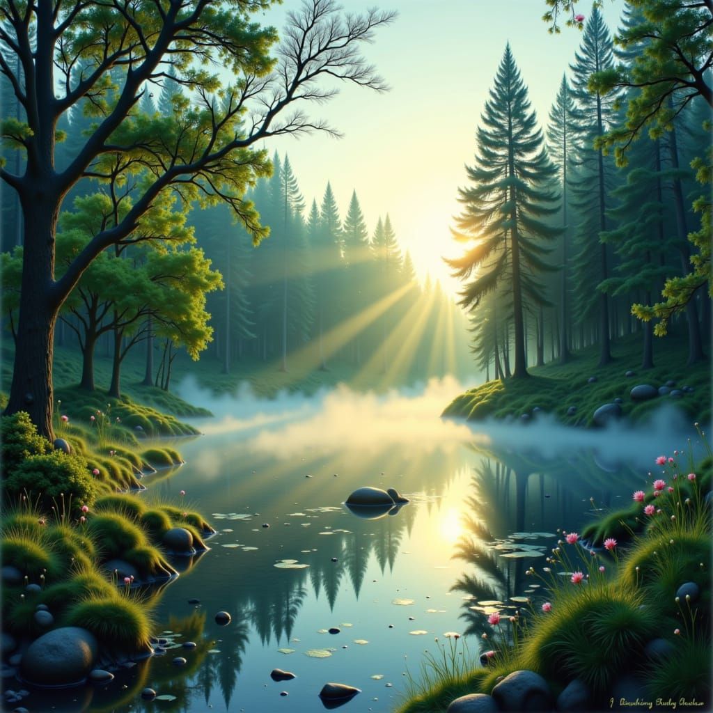 Serene Lake at Dawn in Lush Forest