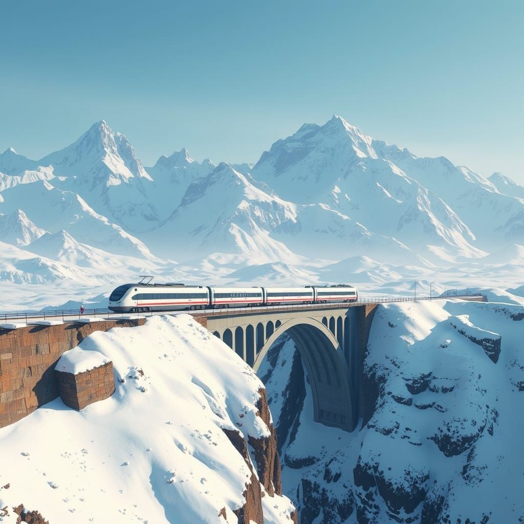 White Train on Snowy Mountain Bridge in Epic Concept Art Sty...