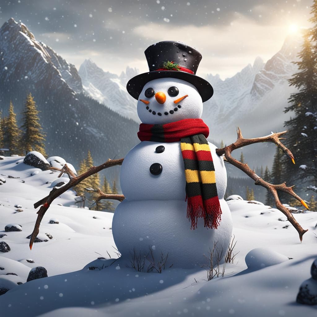 Snowman in Winter Mountain Landscape, Fantasy Art
