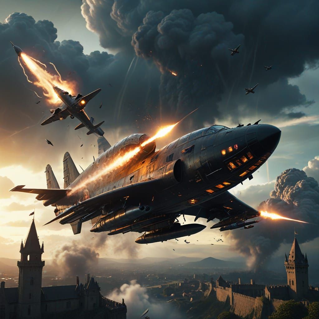 Diesel Punk Aerial Dogfighting Scene with Jet-Powered Zeppel...