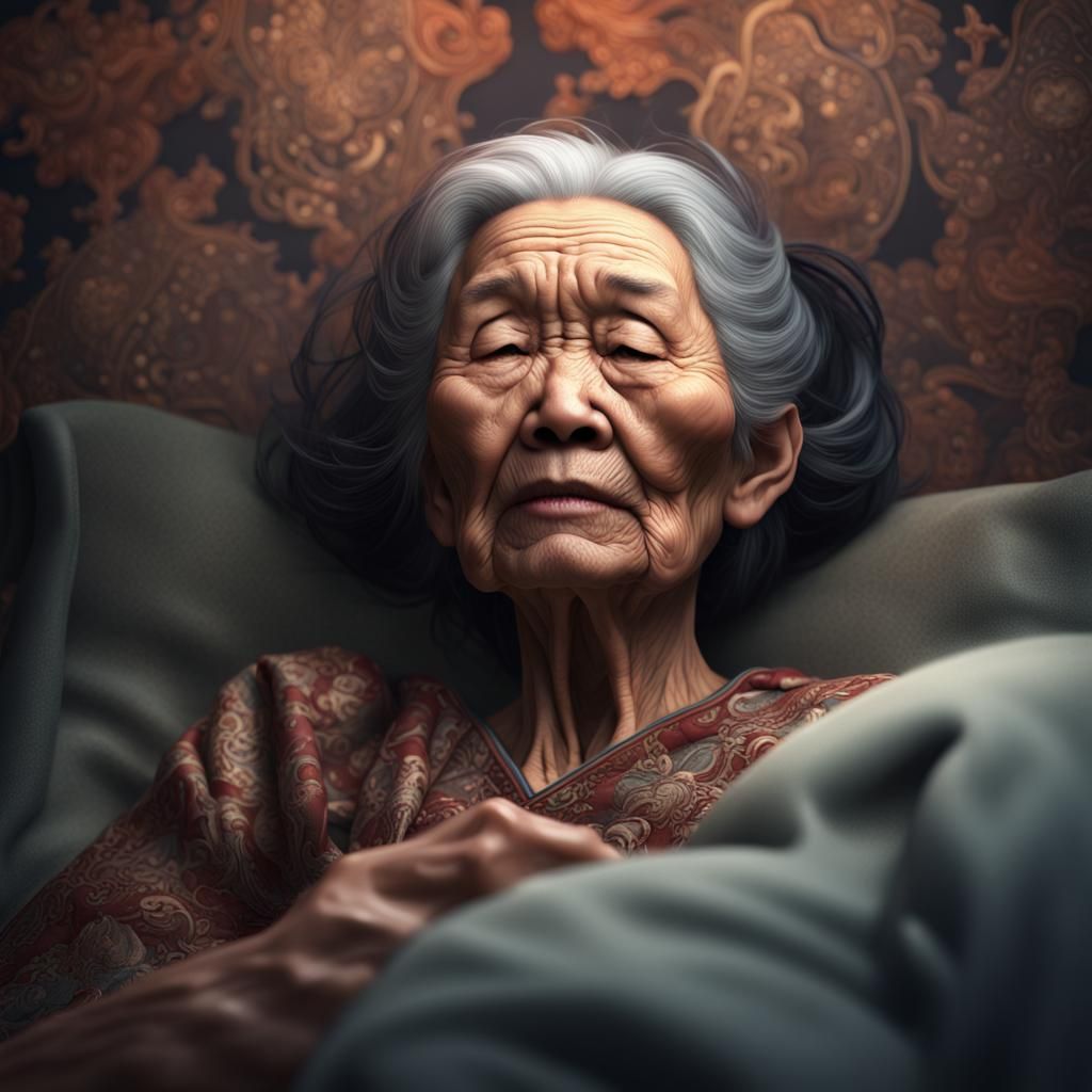 Flying Detached Head of Elderly Asian Woman