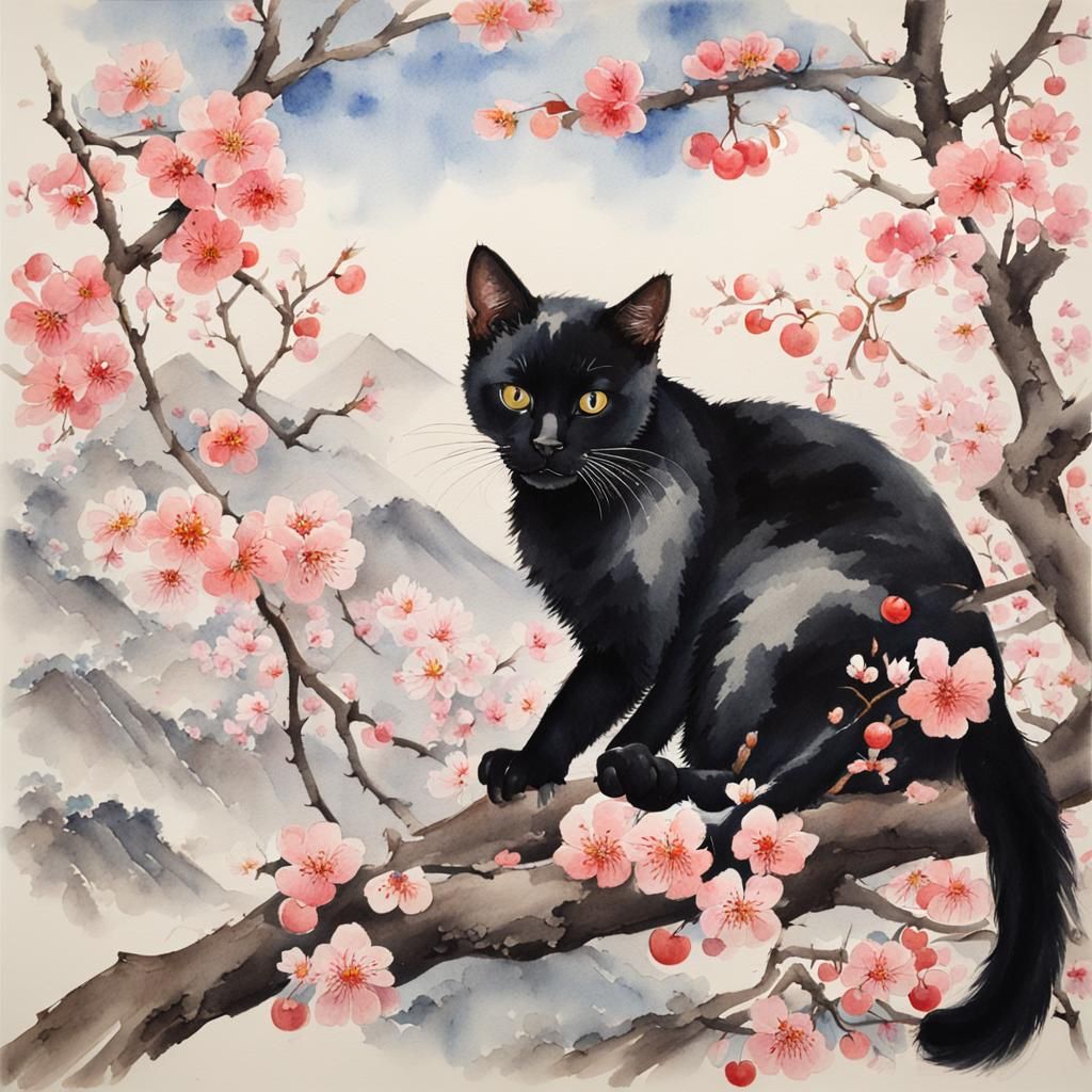 Black Cat in Cherry Tree: Chinese Watercolor