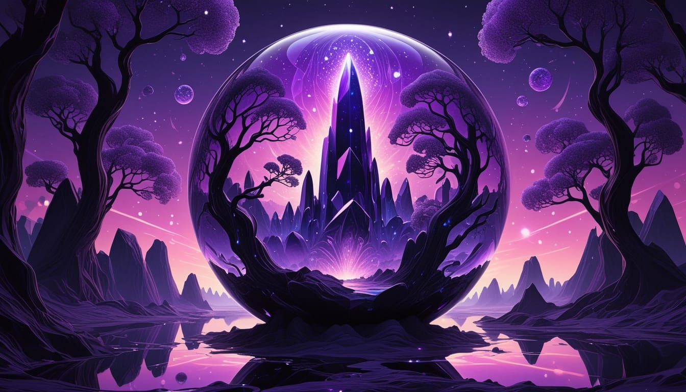 Surreal Landscape Inside Glass Orb with Crystalline Monolith...