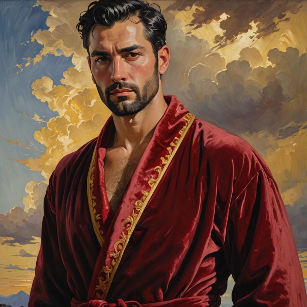 Serene Man in Red Robe: Impressionist Oil Painting