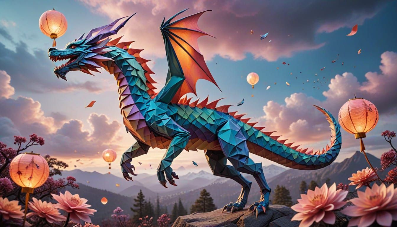 Origami Dragon Soaring Through Pastel Sky