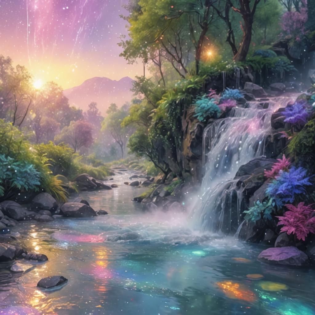 Luminous Waterfall River in Cosmic Illustration Style