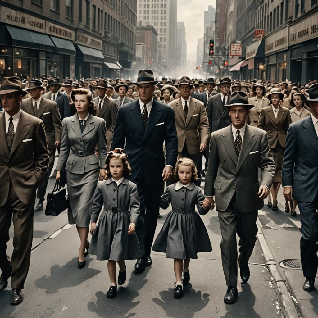 Vintage Crowd Scene in 1940s City Street