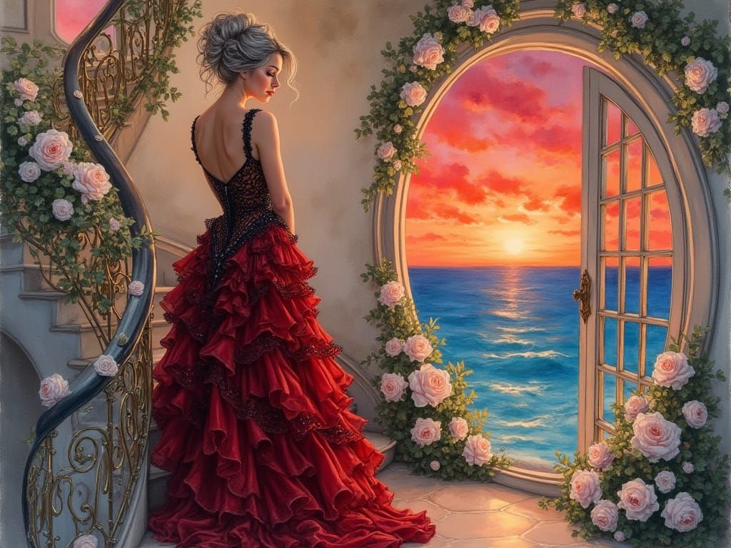 Elegant Woman in Sparkling Gown on Ornate Staircase