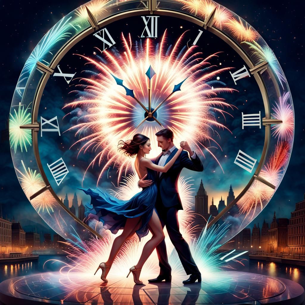 Couple Dancing at Midnight Fireworks Display