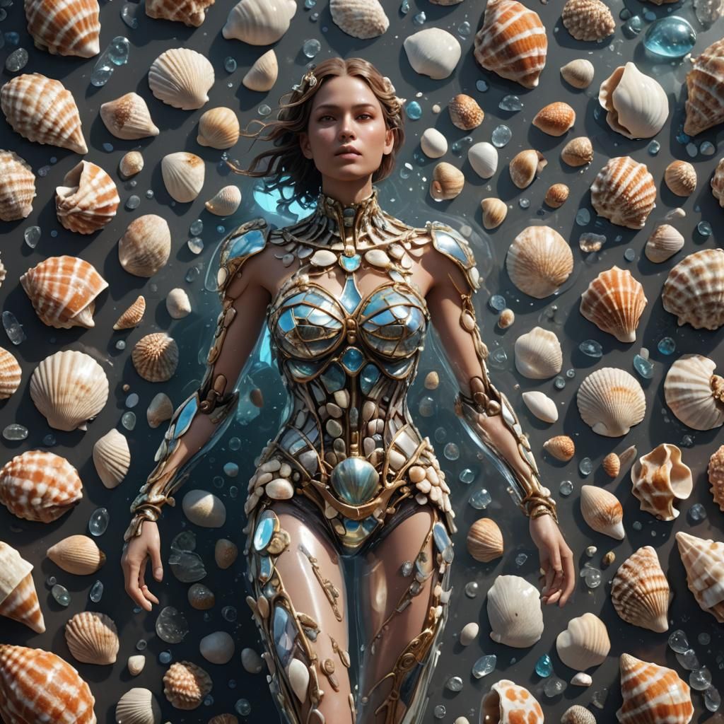 Glass Woman Body Full of Shells: 3D Render